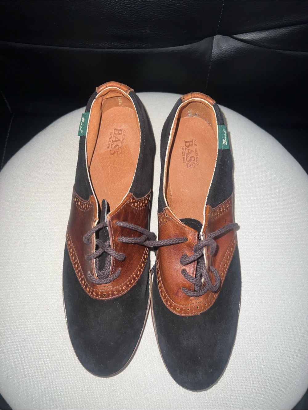Vintage G.H. Bass & Co. Black Suede and Brown Leather Wingtip Oxfords. Size 10.